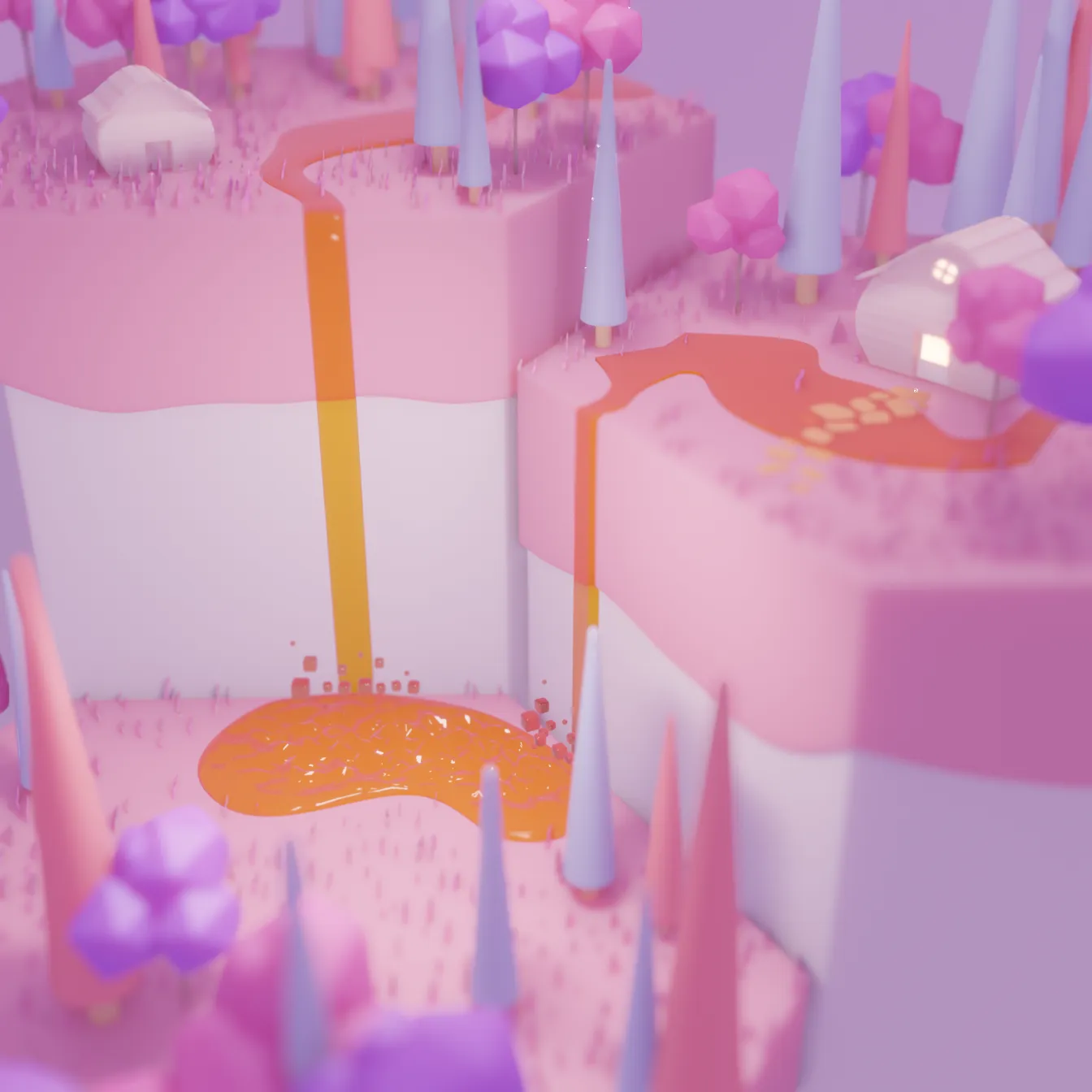a close up of lowpoly 3d render of imaginative pink islands with an orange waterfall, pink and purple trees